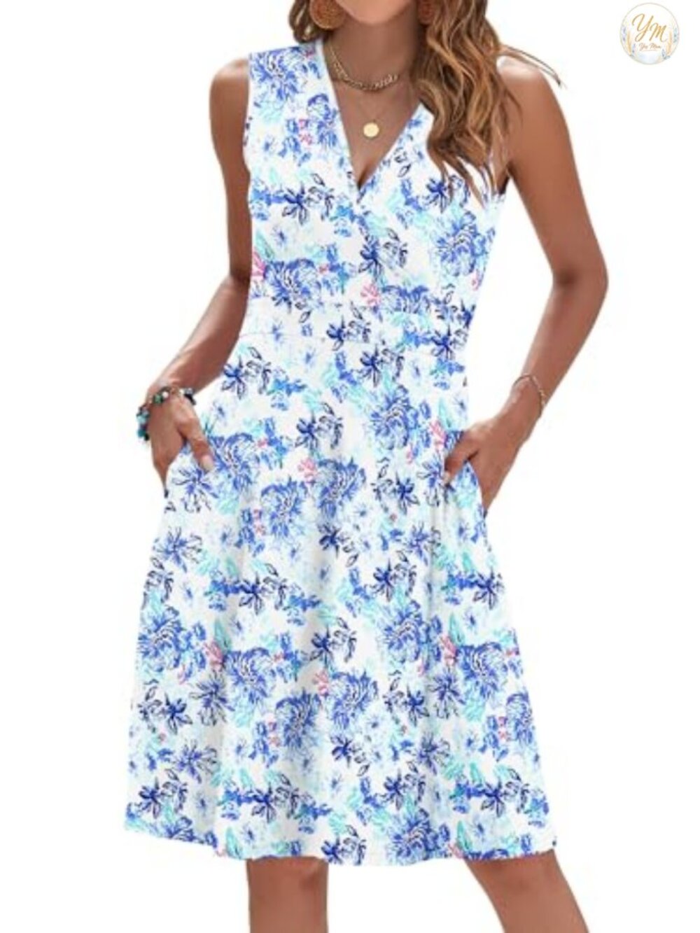 Sleeveless V Neck Faux Wrap Floral Summer Dress with Pockets